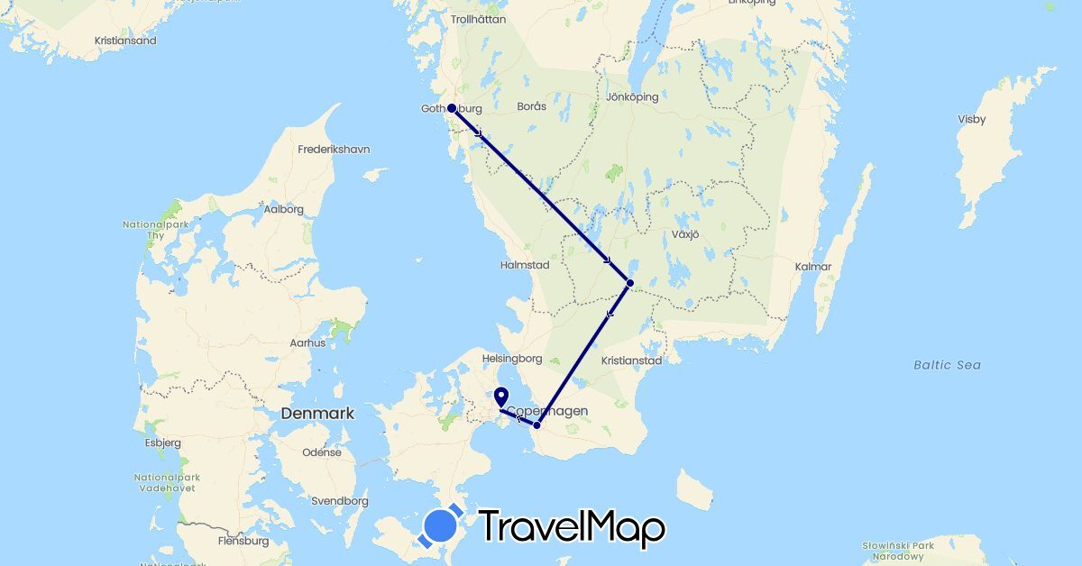 TravelMap itinerary: driving in Denmark, Sweden (Europe)